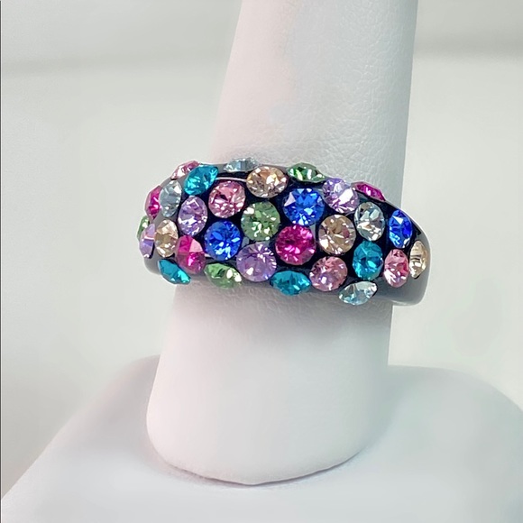 Black Acrylic Ring With Multicoloured Swarovski Crystal Stones • Handmade Ring - Picture 8 of 12
